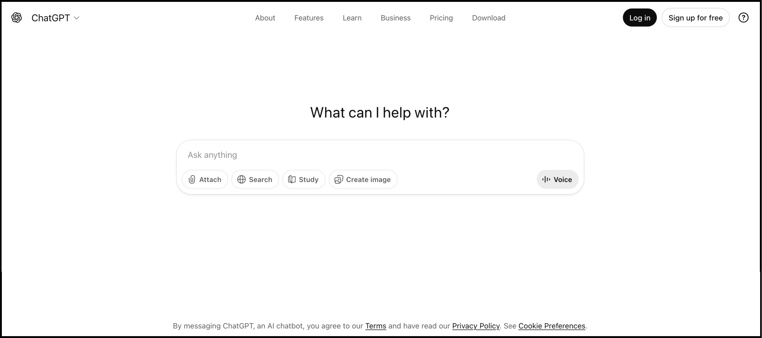 Screenshot of ChatGPT home page