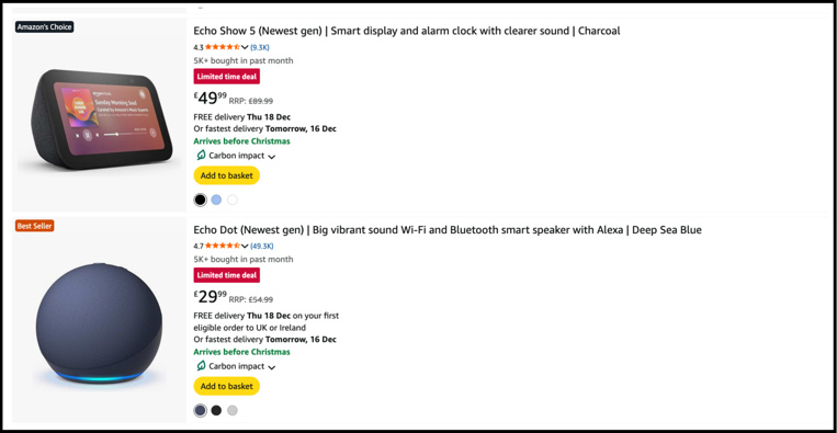 Online catalogue displaying Alexa products