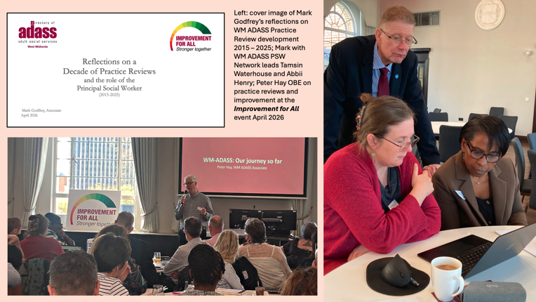 Montage showing Network chairs Abbii Henry and Tamsin Waterhouse; Mark Godfrey and cover image of his Decade of Practice Reviews reflections; and Peter Hay OBE presenting on practice reviews and other improvement activity at the WM ADASS event on 22 April 2026